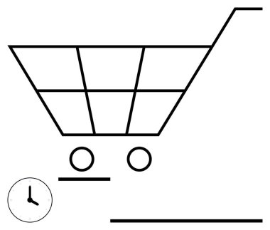 Saati olan minimalist alışveriş arabası verimlilik, alışveriş, programlama ya da teslimat öneriyor. E-ticaret, zaman tasarrufu, perakende planlama, lojistik, iş öncelikleri tüketicisi için ideal