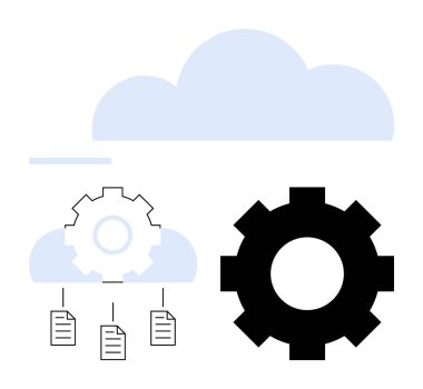 Dosya paylaşımını, veri depolamayı ve teknoloji sistemlerini temsil eden, vitesli ve bağlantılı dokümanlar. Teknoloji, bulut yönetimi, veri transferi, otomasyon, yenilik bilişim sistemleri için ideal