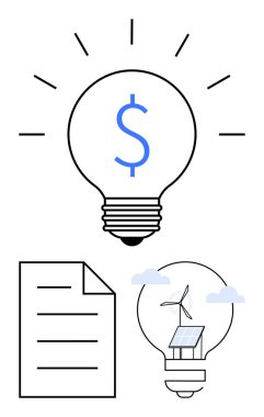 Dolar sembollü ampuller ve yenilenebilir enerji tasarımı, bir belgeyle eşleştirilmiş. Finans, yenilik, sürdürülebilirlik, temiz enerji, iş stratejisi, yaratıcı çözümler, düz basit