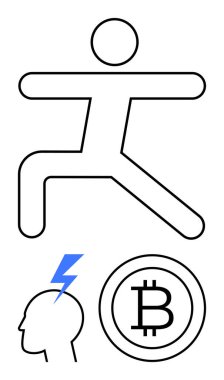 Hareket halindeki insan simgesi, yıldırımlı kafa, Bitcoin işareti. Yenilik için ideal, teknoloji, uygunluk, kripto para birimi, enerji fikirleri finansal büyüme. Minimalist düz metafor
