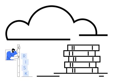 Bir kulenin yanındaki büyük bir bulutun altında riskli blokları istifleyen kişi. Teknoloji, risk analizi, bulut güvenliği, iş stratejisi, veri güvenliği, takım işbirliği, basit iniş sayfası için ideal