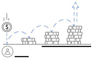 Yükselen bir ok, mavi kesik oklar ve dolar işareti ile yükselen bozuk paralar mali büyümeyi, tasarrufu, yatırımı, başarıyı, zenginlik stratejisini ve planlamayı sembolize ediyor. İdeal