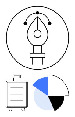 Çemberin içinde grafiksel kalem, bavul, segmentli pasta grafiği. Tasarım, seyahat planlaması, veri görselleştirme, yaratıcılık, serbest yaşam tarzı, iş stratejisi düz metaforu için ideal