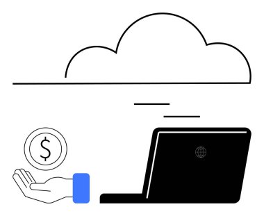 Dizüstü bilgisayarın üstünde bulut, elde para, finansal işlemleri ve bağlantıyı vurguluyor. Teknoloji, finans, çevrimiçi ödeme, bulut hizmetleri, uzaktan çalışma, dijital ekonomi basit iniş sayfası için ideal