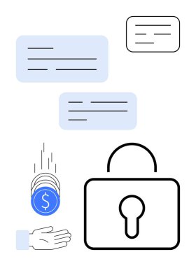 Bozuk paralar bir ele, güvenli bir kilit simgesine ve metin kutularına düşer. Finans, dijital ödeme, siber güvenlik, veri koruması, güvenli işlem, fintech Security basit iniş sayfası için ideal