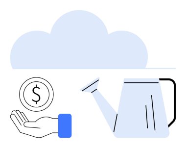 Elinizde bozuk para, su dolu bir su ve büyümeyi, yatırımı, sürdürülebilirliği ve yeniliği gösteren bir bulut var. Finans, bulut hizmetleri veya basit bir iniş sayfası için ideal