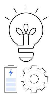 Parlak çizgileri olan bir ampul, yıldırım sembollü bir pil ve bir vites. Yenilik, teknoloji, enerji, mühendislik, yaratıcılık, üretkenlik için ideal basit iniş sayfası