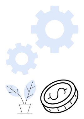 Vitesler süreci ve gelişimi simgeler, madeni para zenginliği ve yatırımı simgeler, bitki büyümeyi simgeler. İş için ideal, finans, yatırım, yenilik, başarı, teknoloji sade iniş sayfası