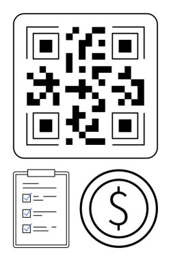 Şebeke biçiminde QR kodu, işaretli kutulu kontrol listesi, daire şeklinde dolar işareti. Ödeme, görev organizasyonu, dijital araçlar, iş çözümleri, e-ticaret, finansal uygulamalar için ideal