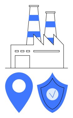 Bacalı fabrika yapısı, mavi işaret ve işaretli kalkan. Sanayi çözümleri, imalat, güvenlik teminatı, lojistik, hassasiyet, tedarik zinciri için idealdir.