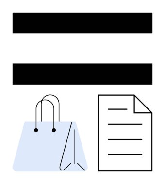 Bir alışveriş çantasının üzerinde iki kalın eşit şekilli bar ve bir belge eşitliği, perakendeciyi ve yapılandırılmış bilgiyi sembolize ediyor. Ticaret, eşitlik, iş, minimalizm, organizasyon, pazarlama için ideal