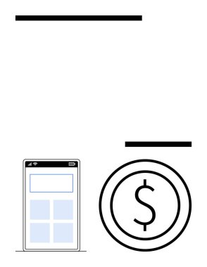 Akıllı telefon uygulama düzeni yanında büyük bir madeni para simgesi, cep telefonu bankacılığı, dijital cüzdanlar ve finans. Fintech, uygulama tasarımı, ödeme takibi, tasarruf, e-ticaret, ticaret için ideal