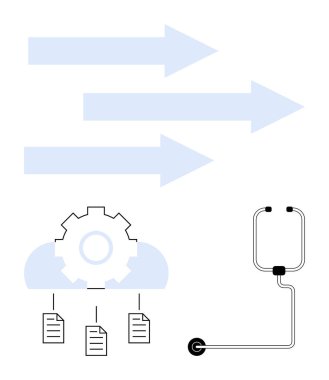 İşlem akışını temsil eden oklar, steteskop, teçhizat, bulut ve dijital sağlık hizmetleri yönetimini sembolize eden belgeler. Teknoloji, sağlık, iş akışı, veri analizi otomasyonu için ideal