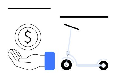 Elektrikli scooter 'ın yanındaki el işareti nakliye ödemesini gösteriyor. Mikro-hareketlilik, e-scooter kiralama, ödeme sistemleri, şehir içi seyahat, çevre dostu seyahat, uygulama tabanlı hizmetler, basit