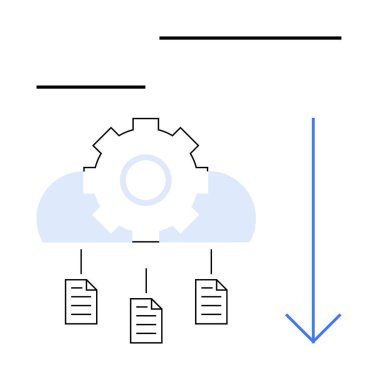 Dosyalara bağlanan bulutların üzerinde vites, indirmeyi gösteren mavi ok. Otomasyon için ideal, bulut hesaplama, iş akışı, yenilik, veri paylaşımı, teknoloji verimliliği. Düz basit metafor