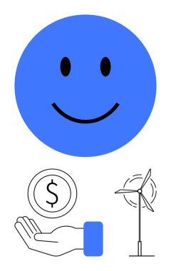 Bir bozuk para ve rüzgar türbini ile açık bir elin üstündeki büyük mavi mutlu yüz ekolojik dostluğu, finansal büyümeyi, mutluluğu, temiz enerjiyi, başarıyı ve çevresel sorumluluğu simgeliyor. İdeal
