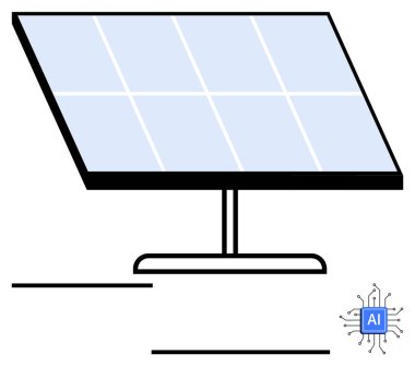 Güneş paneli, yapay zeka mikroçip ikonunun yer aldığı yenilenebilir enerji, teknoloji ve yeniliği temsil eden bir standda. Sürdürülebilirlik, teknoloji, enerji verimliliği, çevre dostu çözümler, yapay zeka