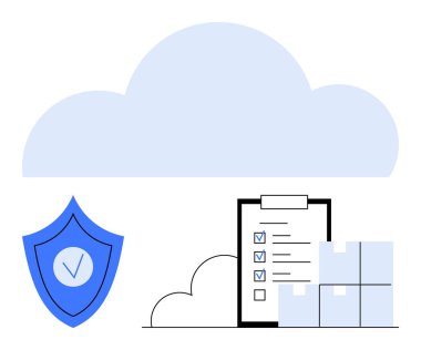 Listeden yukarıda bulut, işaretli kalkan ve kutular güvenli depo, organizasyon ve görev yönetimini sembolize ediyor. Bulut bilgisayarı, güvenlik, lojistik, yönetim verimlilik deposu için ideal