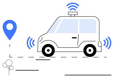 Radar sinyalleri ve GPS işaretli kendi kendine giden araba, akıllı ulaşım ve yeniliği simgeliyor. Teknoloji, hareketlilik, gelecekteki ulaşım, kentsel planlama, bağlantı, yapay zeka için ideal