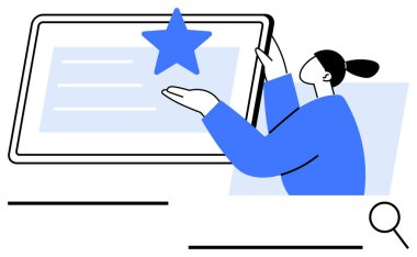 Büyük bir tablet ekranla etkileşim halinde olan kişi, öne çıkan mavi bir yıldız içeriyor. Başarı, kalite, tanınma, başarı, değerlendirme, hedef belirleyici dijital kavramlar için idealdir. Düz basit metafor