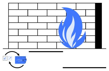 Mavi alevli tuğla duvar siber güvenliği simgeliyor, dijital cüzdan ve ok döngüsü güvenli işlemleri temsil ediyor. Siber güvenlik, gizlilik, veri koruması, güvenlik duvarları, çevrimiçi güvenlik için ideal