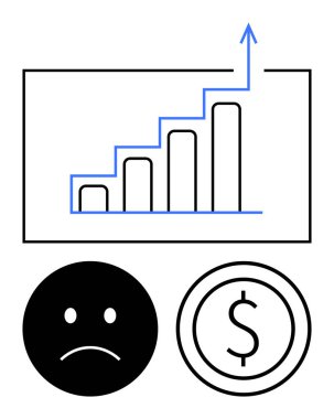 Yükselen çizelge grafiği, yükselen eğilim, dolar sembolü ve üzgün yüz simgesi. Ekonomi, iş büyümesi, mali zorluklar, pazarlama, analiz, strateji için ideal basit iniş sayfası