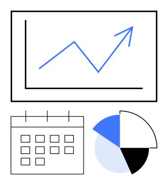 Yukarı doğru ok olan çizgi grafiği büyümeyi, zamanlamayı, veri analizi için pasta grafiğini gösterir. Büyüme, planlama, strateji, hedef izleme, analitik verimlilik ölçümleri için idealdir. Düz basit