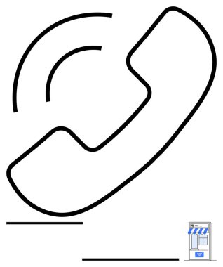 Kavisli ses dalgaları ve küçük bir vitrin simgesi olan bir telefon alıcısı. İletişim için ideal, müşteri hizmetleri, küçük işletme, iletişim desteği, perakende, yardım hattı, pazarlama görselleri, basit iniş sayfası