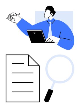 Diz üstü bilgisayar ve kalem kullanan bir işadamı, alttaki döküman kağıdı ve detaylı analiz için büyüteç kullanıyor. Araştırma, analiz, ofis işi, verimlilik, karar verme, profesyonel detay dairesi için ideal