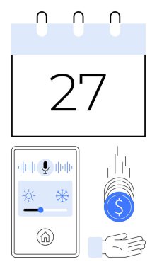 Takvim sayfası, ses ve sıcaklık ayarlı akıllı ev kontrol paneli, bozuk para teslimatı konsepti. Finans yönetimi, programlama, otomasyon, teknoloji, üretkenlik, planlama için ideal basit