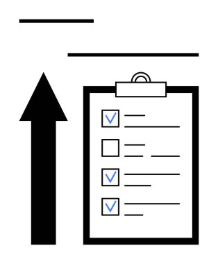 İşlem listeli pano, yukarı doğru ok ilerlemeyi ve büyümeyi gösteriyor. Üretkenlik, planlama, organizasyon, strateji, performans, başarı ve basit iniş sayfası için ideal