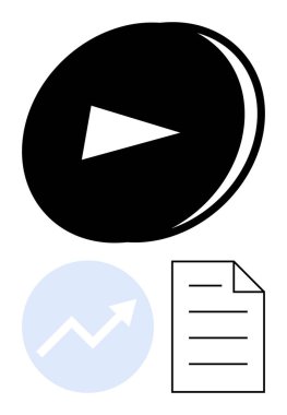 Siyah oynatma tuşu, yukarı doğru mavi eğilim grafiği ve çizgileri olan belge medya, büyüme ve bilgiyi temsil ediyor. Video, analitik, ilerleme, medya stratejisi eğitim dairesi için ideal