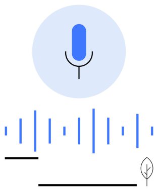 Mavi dairenin içindeki mikrofon ikonu, aşağıda ses dalgaları, minimalist yaprak detayı. İletişim, ses teknolojisi, podcast, ses analizi, eko-teknoloji, ses yeniliği için ideal basit