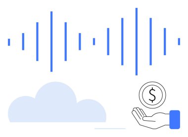 Soundwave hatları, bulut şekli, eldeki madeni para modern finans, bulut teknolojisi ve analizi vurguluyor. Teknoloji, finans, yapay zeka, iletişim ağı yeniliği için ideal basit bir iniş sayfası