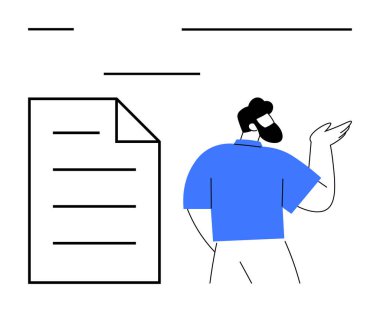 Detayları altını çizilmiş bir belgenin yanında açıklayan kişi. İletişim, takım çalışması, sunum, iş akışı, liderlik, planlama için ideal, düz basit metafor