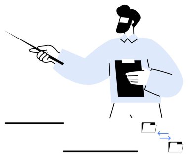 Elinde bir sopayla pano ucu tutan, kavramları açıklayan biri. Bilgi paylaşımına odaklı minimalist tasarım. Sunumlar, eğitim, eğitim, takım çalışması, yönetim ve öğrenim için ideal