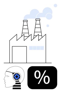 Duman yayan fabrika, dişli ikonlu robot kafa ve endüstriyel üretim, otomasyon ve hesaplamalar gösteren yüzde işareti. Yenilik, üretim, robot bilimi ve teknoloji için ideal