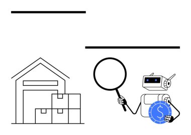 Kutuları olan depo ve robotlar büyüteç ve para tutuyor, analizi, otomasyonu, hisse yönetimini, finans ve yapay zeka çözümlerini temsil ediyor. Arz zinciri, ekonomi ve teknoloji için ideal