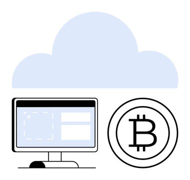 Arayüz tasarımlı bilgisayar ekranı, Bitcoin simgesi ve bulut sembolü. Kripto, finans, teknoloji, engelleme zinciri ve internet tasarrufu için ideal. Basit bir metaforu temsil ediyor.