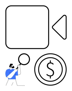 Video oyun simgesi ve dolar işaretinin yanında büyüteç kullanan adam, analizi, video pazarlamayı, medya stratejisini, bütçe planlamasını, içerik paralarını, yatırım sezgilerini, basit iniş noktalarını resimliyor