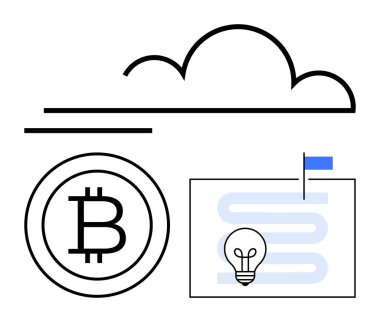 Kripto para birimi işareti, ampul, bayrak ve bulutlu yol. Engelleme zinciri, fintech, inovasyon, planlama, başarı, teknoloji gelecekteki vizyon için ideal düz metafor