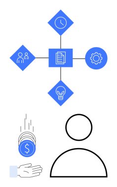 Zaman, takım çalışması, iş akışı ve fikir içeren geometrik düğümler bir kullanıcı simgesi ve paraların üzerindeki satırlarla birbirine bağlı. Proje yönetimi, finans, strateji, planlama, süreç verimliliği için ideal basit
