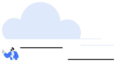 Yatay çizgileri olan soyut mavi bir bulutu işaret eden bir işadamı hız ve bağlantı öneriyor. Teknoloji, bulut hesaplama, veri depolama, sunum, yenilik, iş için ideal