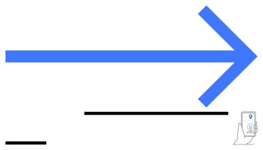 Sağ tarafı gösteren büyük mavi ok, konum belirleme simgesi olan küçük akıllı telefon. Navigasyon, lojistik, konum belirleme, yön, rehberlik, arayüz, basit dijital araçlar iniş sayfası için idealdir