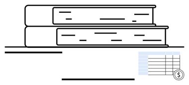 Masaya istiflenmiş iki büyük kitap para birimi sembollü küçük bir mali tablonun yanında. Eğitim, öğrenim, finans, organizasyon, planlama, kayıt tutma, basit iniş sayfası için ideal