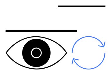 Mavi çizgili siyah çizgili soyut göz ve dairesel oklar, odak, gözlem ve süreç akışını gösteriyor. Gözetleme, vizyon berraklığı, izleme, yaratıcılık, strateji yeniliği için ideal
