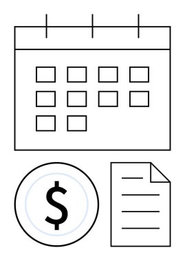 Bir doların üzerindeki takvim şebekesi ve çizgileri olan belgeler. Finansal yönetim, bütçe, ödeme hatırlatıcıları, planlama, teslim tarihleri, görev çizelgesi, düz bir metafor için ideal