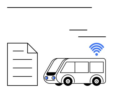 Bir belge simgesinin yanında kablosuz sinyal yayan kendi kendine giden otobüs, teknoloji entegrasyonu, bağlantı ve akıllı hareket kabiliyetini sembolize ediyor. Otomasyon, ulaşım, kentsel planlama, akıllı şehirler için ideal