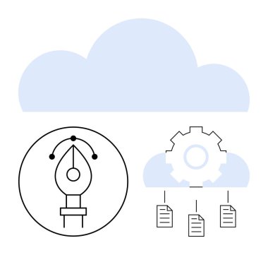 Bulut arkaplanı kalem aracı grafiği ile yaratıcılığı simgeler, ayarları temsil eden dişli ve veri paylaşımını gösteren dosyalar. Takım çalışması, tasarım, veri yönetimi, yenilik ve uzak çalışma için ideal