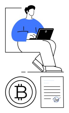 Rahatça yerleştirilmiş bir dizüstü bilgisayar kullanan bir birey. Bitcoin simgesi ve aşağıda imzalanmış anlaşma belgesi. Kripto para birimi, uzaktan çalışma, dijital sözleşmeler, finans, serbest ticaret, teknoloji ve yenilik için ideal